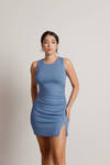 Amine Blue Ribbed Shirred Slit Bodycon Dress