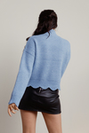 Extra Passion Blue Ribbed Mock Neck Scallop Hem Sweater