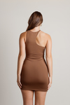 Pull It Off Brown Asymmetrical Cutout Bodycon Mini Dress