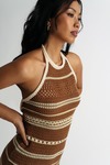 Kastella Brown & White Striped Crochet Bodycon Mini Dress
