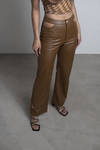 Melly Camel High Waisted PU Cut Out Straight Leg Pants
