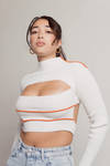 New Life Cream-Red-Orange Ribbed Contrast Stitch Cutout Crop Top