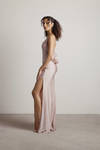 Late Nights Dusty Rose Ruched Cowl Backless Slit Maxi Dress