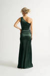 Moment In Time Hunter Green One Shoulder Satin Maxi Dress