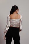 Let It Slip Ivory Satin Ruched Button Crop Top