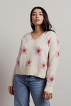 Oopsie Daisy Ivory Floral Distressed V-Neck Sweater