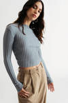 Ralph Light Blue Back Cutout Twist Ribbed Sweater Crop Top