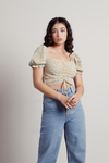 Make You Think Mint Yellow Floral Ruched Crop Top