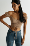 Know Me Mesh Nude Ruched Puff Sleeve Crop Top