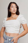Celise Off White Puff Sleeve Open Back Lace-Up Crop Top