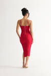 No Side Eye Red Ruched Side Slit Bodycon Midi Dress