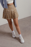 So What Tan Pleated Plaid Mini Skirt