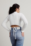 Aida White Fuzzy Mock Neck Tie Back Crop Sweater