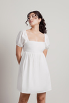 Love You Less White Back Tie Puff Sleeve Babydoll Dress