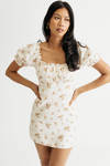 Alera White Multi Floral Ruched Bust Puff Sleeve Mini Dress