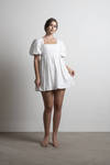 Takara White Puff Sleeve Babydoll Mini Dress