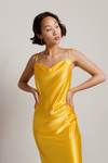 Charm Me Yellow Satin Cowl Neck Midi Dress