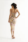 Joyce Beige Multi Floral Ruched Bodycon Midi Dress