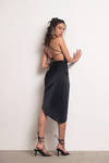 Blush Away Black Satin Asymmetrical Backless Midi Dress