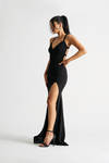Kiera Black Glitter Open Back High Slit Maxi Dress