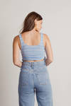 Amisa Blue Striped Side Ruched Crop Tank Top
