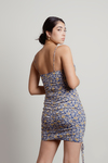 Taj Blue Floral Mesh Ruched Drawstring Bodycon Dress