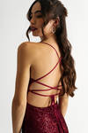 All About Me Burgundy Sequin Backless Slit Maxi Dress