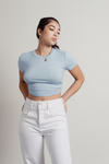 Say Nothing Dusty Blue Ribbed Tie Back Crop Top