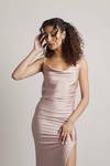 Late Nights Dusty Rose Ruched Cowl Backless Slit Maxi Dress