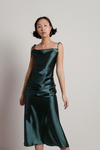 Charm Me Emerald Satin Cowl Neck Midi Dress