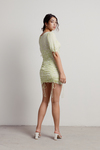Koko Lime Puff Sleeve Ruched Ties Mini Dress