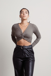 Basic Girl Olive Knotted Long Sleeve Crop Top