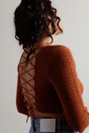 Nels Rust Back Lace Up Knit Long Sleeve Crop Top